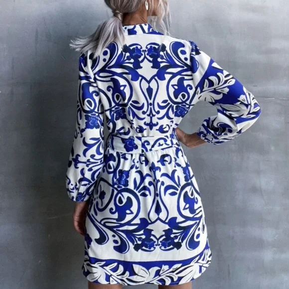 Boho Blue V neck Mini Dress Cottage core Party - Picture 3 of 4